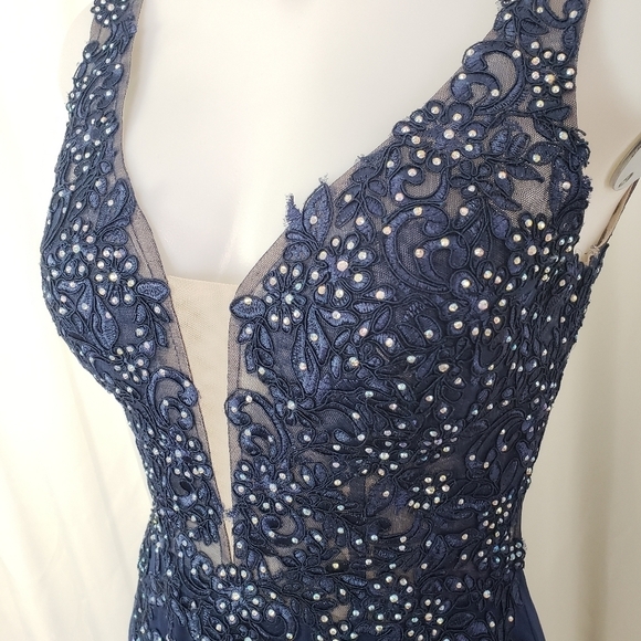 Blondie Nites Stacy Sklar navy blue formal dress openback rhinestone high slit 5 - Picture 3 of 13